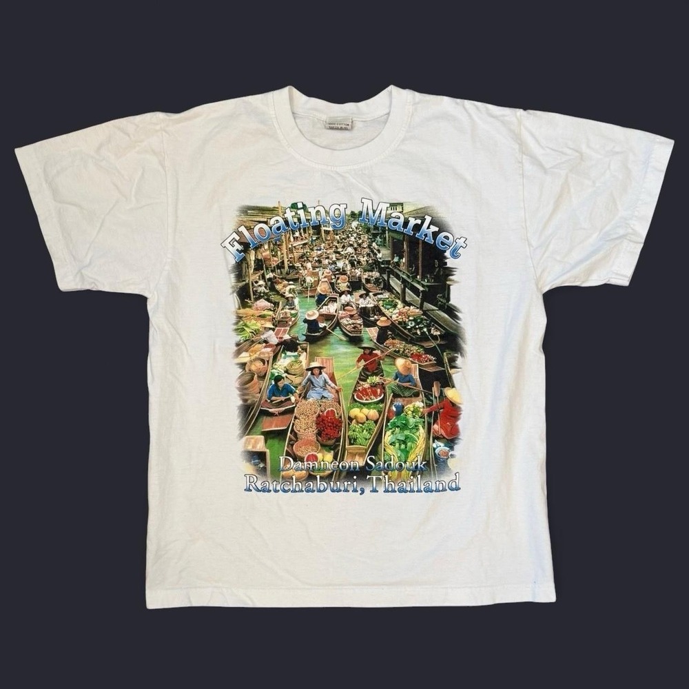 Vintage Thailand Floating Market White Graphic T-Shirt Adult Size Large 90s Y2K